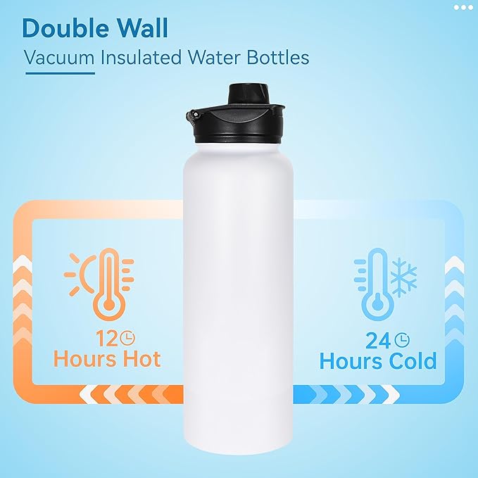 VEGOND 40 oz Insulated Water Bottle Bulk Stainless Steel Metal Water Bottles with Leak Proof Straw Lid & Spout Lid, Wide Mouth Double Walled Vacuum Travel Sports Bottle, 4 Pack