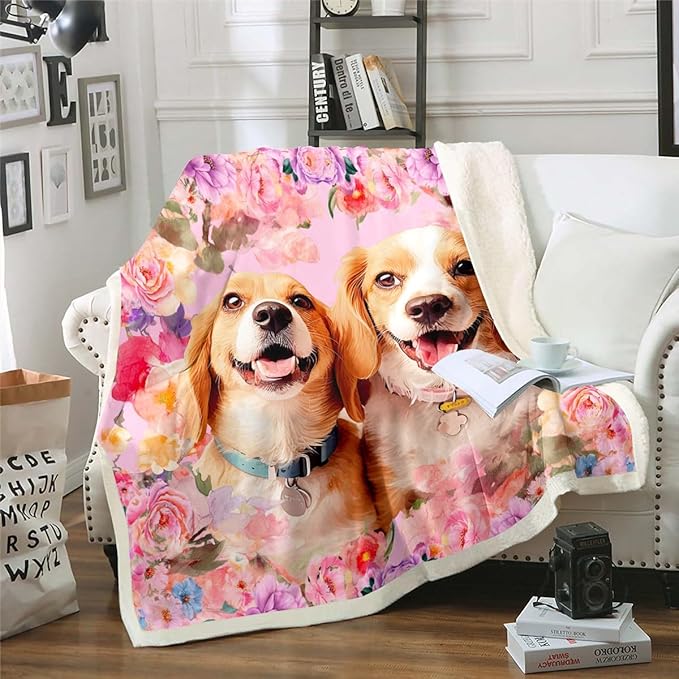 Cute Dog Toddler Fleece Throw Blanket Kids Cartoon Puppy Dog Sherpa Blanket Girls Pink Colorful Floral Fuzzy Blanket Kawaii Animal Plush Blanket for Sofa Bed Couch Lovely Pet Decor Queen 90x90 Inch