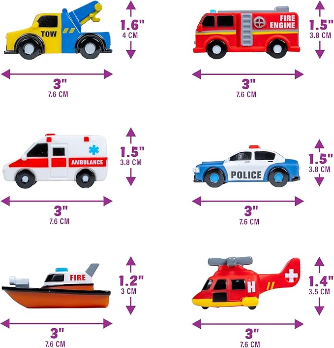 Tub Works® Emergency™ Cars Light Up Bath Toys, 6 Pack | Water-Activated Light Up Toys Flash & Change Color | Soft, Squeezable Baby & Toddler Bath Toys | Sensory Toys with Bath Lights for Kids Bath