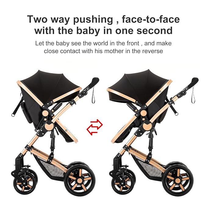 2 in 1 Baby Stroller with Bassinet Mode, Reversible Infant Pram, One-Click Folding, Newborn Travel Stroller, Convertible Toddler Standard Pram Carriage (2US588-BG)