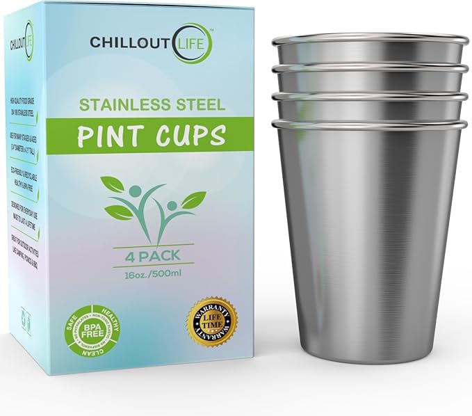 Stainless Steel Pint Cups Water Tumblers 16 oz - Unbreakable, BPA Free, Stackable Premium Quality 18/18 Metal Drinking glasses for Home & Outdoor Activities, Picnic, Travel & Camping (4-Pack)