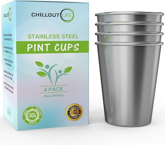 Stainless Steel Pint Cups Water Tumblers 16 oz - Unbreakable, BPA Free, Stackable Premium Quality 18/18 Metal Drinking glasses for Home & Outdoor Activities, Picnic, Travel & Camping (4-Pack)