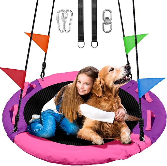 Odoland Kid Tree Swing - 40in Saucer Swings for Outdoor - Chidren Round 900D Waterproof Oxford Platform Swing - 660Lb Weight Capacity for Yard Pink