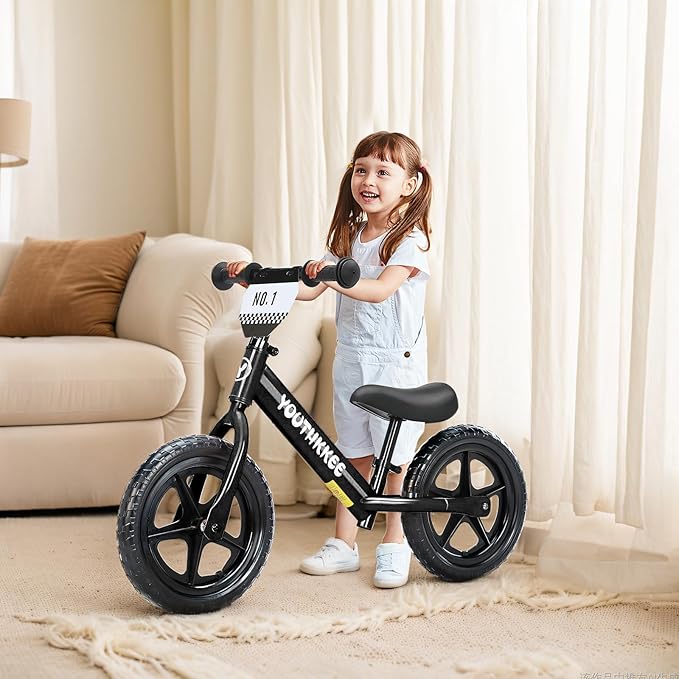 12 Inch Toddler Balance Bike for 1-3 Year Olds, No-Pedal Bike with Tool-Free Adjustable Seat, Quick Assembly, Gift for 1-3 Year Old Boys & Girls with Customizable Plate