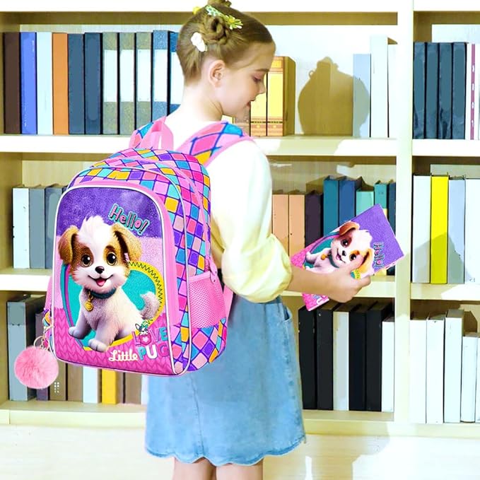 CCJPX 3PCS Kids Backpack for Girls, 16”Dog School Bookbag Set, Cute Water Resistant Elementary School Bag for Preschool Kindergarten Toddler