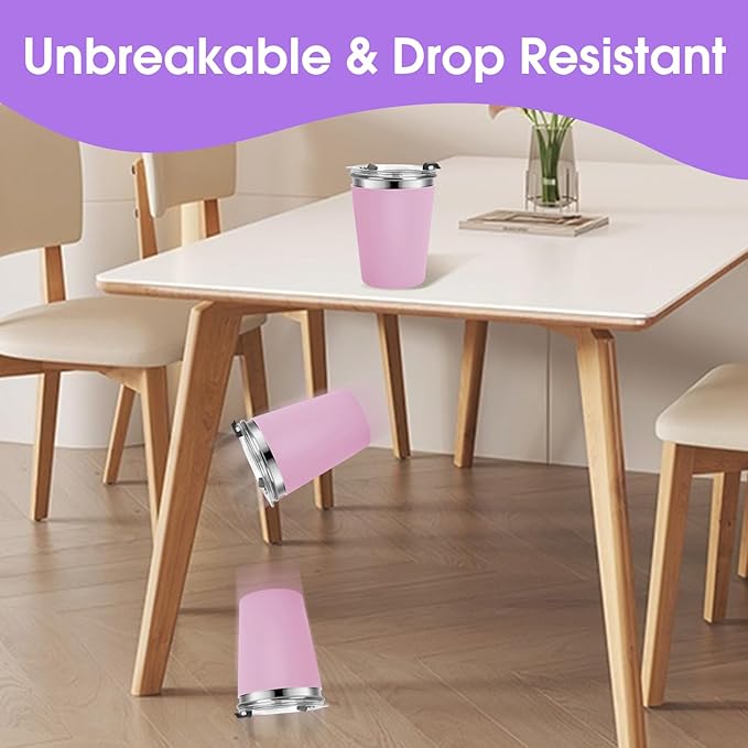 Stainless Steel Kids Cups with Lids and Straws Leakproof, 2 Pack 12oz Spill Proof Cups for Toddlers Kids Tumblers Unbreakable Sippy Cup with Straws for School, Outdoor (Pink & Purple)