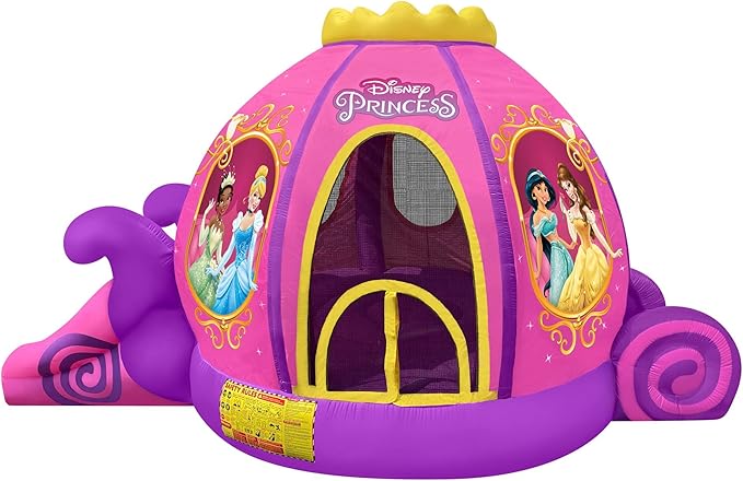 Funormous Disney Princess Carriage Inflatable Pink Bounce House with Slide and Ball Pit, Indoor Outdoor Bouncy Castle with Air Blower Kids Ages 3-8
