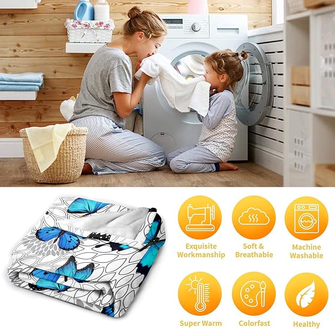 Butterfly Blanket Beautiful Blue Butterfly Throw Blanket Ultra Soft Flannel Butterflies Blanket Gifts for Kids Adults 50"X40"