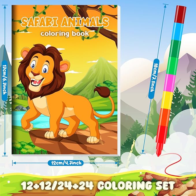 BenLouis 12 Jungle Safari Mini Coloring Books Kids with 12 Stacking Crayons Zoo Animals Lion Party Favors Small Activity Books Bulk for Kids Wild One Party Gift Goodie Bag Stuffers