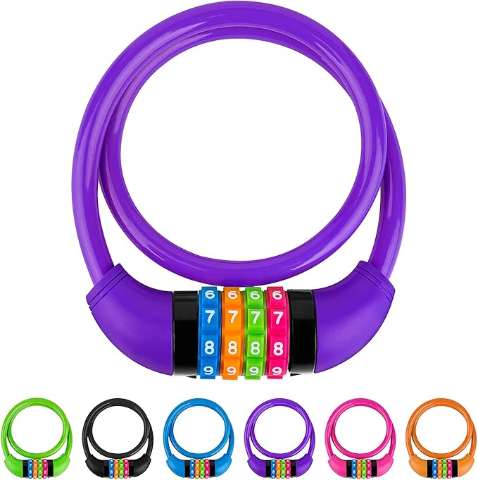 Bike Lock Cable, Bicycle Cable Lock with 4 Digit Combination & Large Lock Head, Resettable Kids Bike Cable Lock, 2 Ft x ∅1/2 IN, Lock for Bike, Scooter, Skateboard, motorcycle, E Bike (Purple)