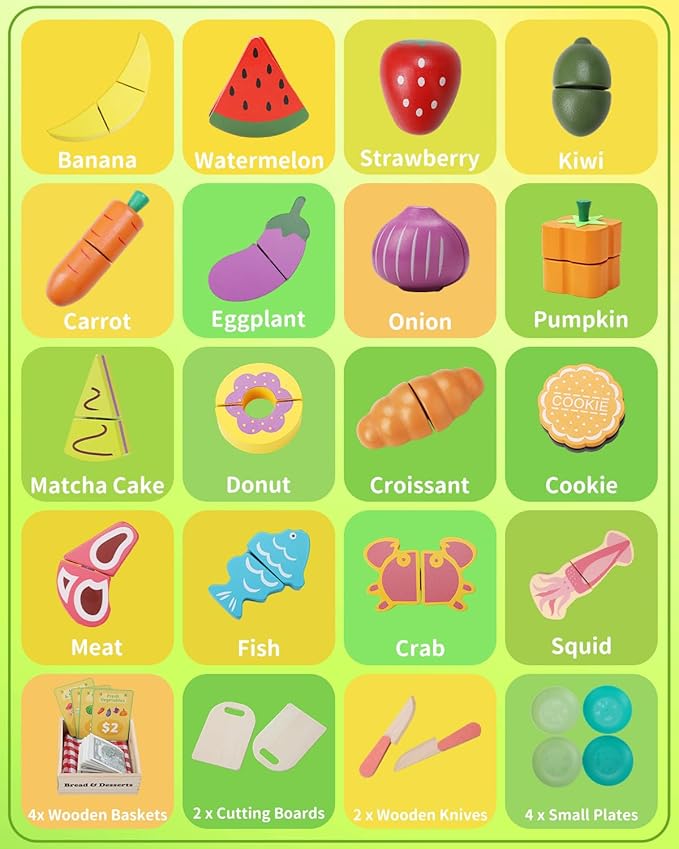 70 PCS Montessori Wooden Play Food Set for Kids Kitchen with Cutting Fruits, Veggies, Bread, Meat & Wooden Crates – Educational Pretend Toys for Boys & Girls 3-5, Perfect Kids