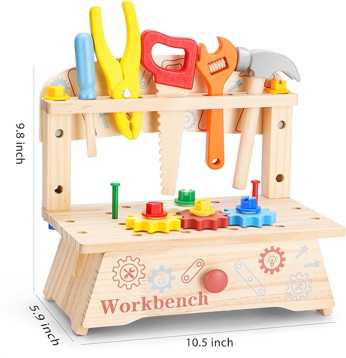 REXBETI Kids Tool Set, Wooden Toddler Tool Set with Apron, Toddler Tool Bench, Educational Montessori Toys for 3 Year Old Boys, Pretend Construction Kits, Birthday Gifts for 3 4 5 Year Old Boy Girl
