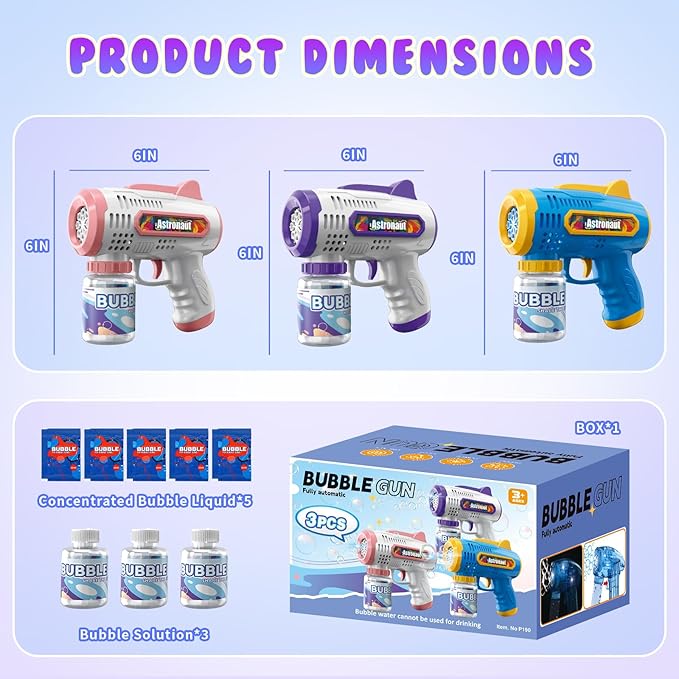 3 Pack Bubble Guns with Bubbles Solution: Automatic Bubble Maker Machine for Boys Girls, Bubble Guns Outdoor Toys for Toddlers, Party, Wedding Birthday Gifts for Ages 3 4 5 6 7 8 Year Old Kid
