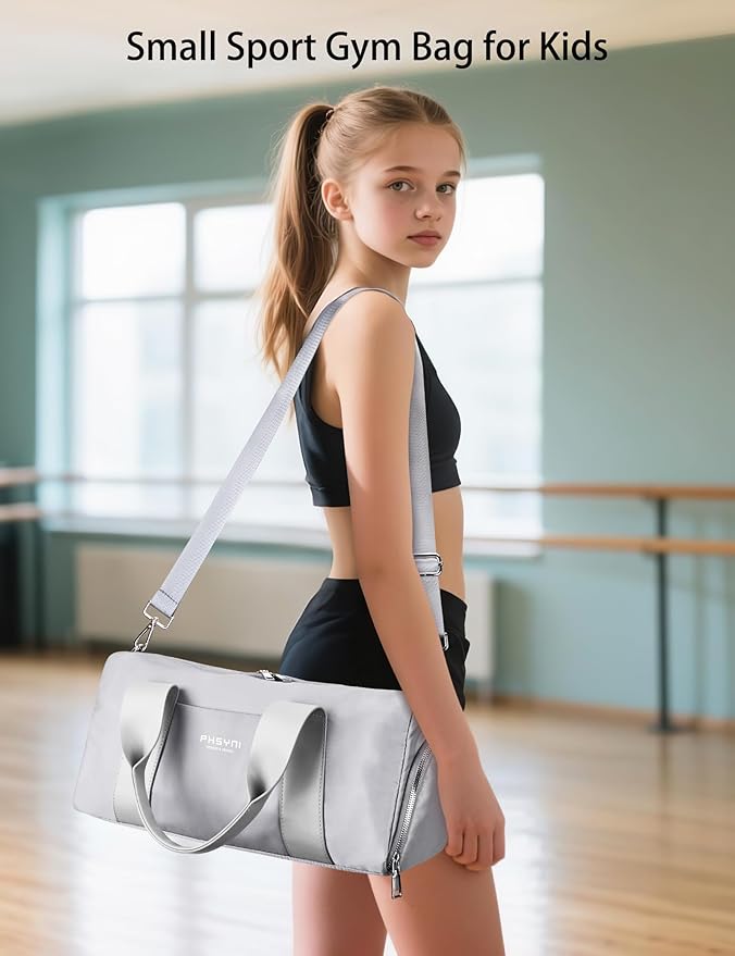 Compact Sports Gym Bag for Women and Men, Cute Mini Duffle Bag with Wet Pocket & Shoes Compartment, Personal Item Travel Workout Bag, 16"-Small, Grey