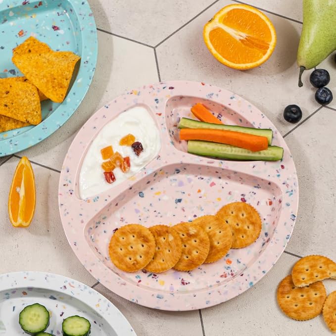 Bzyoo 9-Inch Melamine Divided Plates – 3-Section Portion Control Plates, Food Safe & Durable, Lightweight & Unbreakable, Reusable Tableware for Kids, Big Kids & Everyday Meals, Confetti Pink