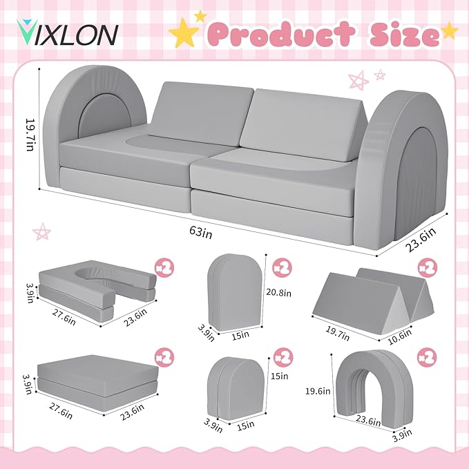 12 Pcs Modular Kids Play Couch, Toddler Couches That Fold Out, Plush Foam Chair for Children’s Playroom, Velvet Fabric Convertible Foam and Floor Cushion for Boys and Girls (Gray,07)