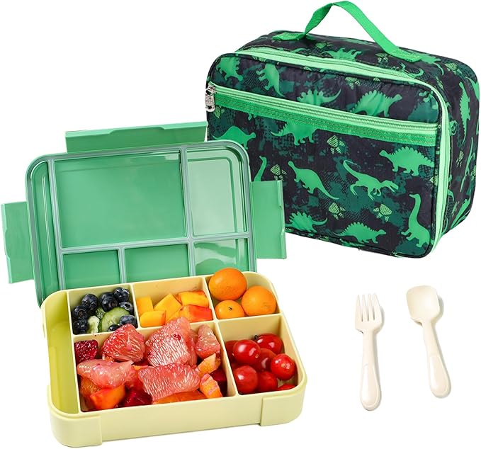 Bento Box for Kids Lunch Box Set with Reusable Kids Pouches Lunch bag Cute Toddler boys Lunch Cooler Organizer Lunch Tote (Green Dinosaur blunch bag+lunch box)