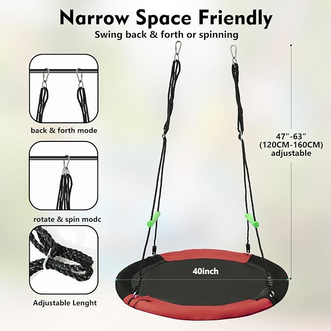 Black Round Saucer Swing with Handles -Made of Sturdy Frame,PP Mat,Adjustable Multi-Strand Ropes,Safe and Durable for Yard Garden Playground Park (Black and Red, 40 inches)