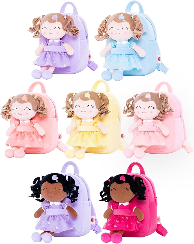 Gloveleya Toddler Backpack Baby Girl Gifts Plush Bag Diaper Bag with Spring Girls Doll Curly Hair Girl Toys with Love Pink