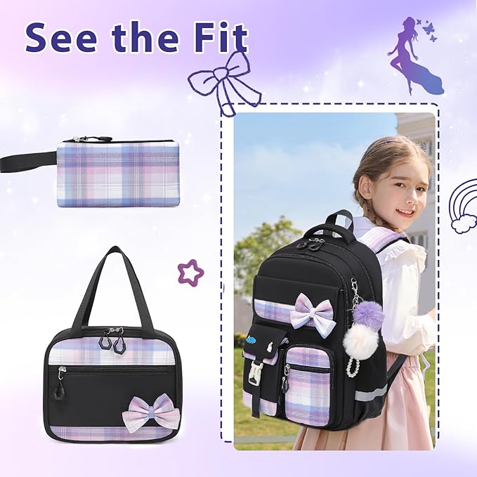 School Backpack for Girls Kids Bookbag for Elementary Middle School Casual Travel Daypack Teen Backpacks Black Set