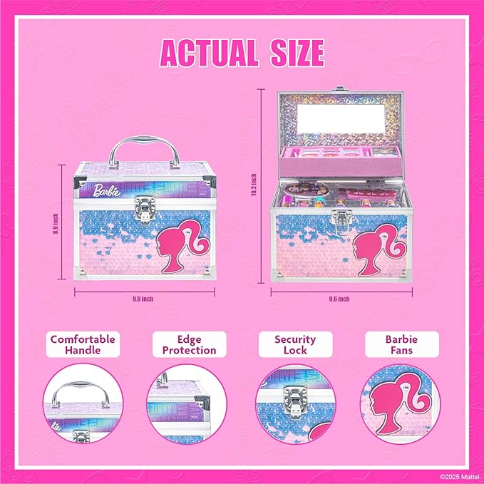 Barbie Train Case Beauty Set, Kids Makeup Kit for Girls, Real Washable Makeup Set, Play Makeup, Party Favor, Birthday, Ages 3 4 5 6 7 8 9 10 11 12 by Townley Girl