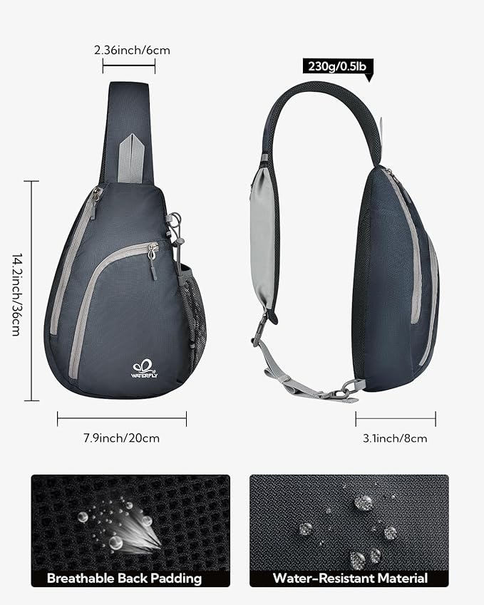 WATERFLY Crossbody Sling Bag Small Water Resistant Backpack Lightweight Shoulder Chest Daypack for Men Women Hiking Travel