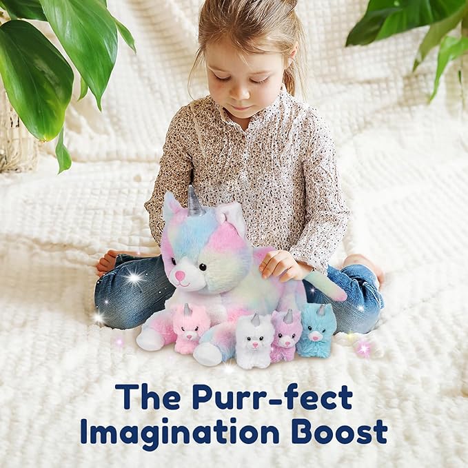 PixieCrush Unicorn Cat Plushie - Mommy Cat Unicorn with 4 Baby Kittens - Magical Pillow Plushies for Girls Ages 3-8 - Big Stuffed Animals - Ideal Gift for Girls 5 x 10 x 8 inches