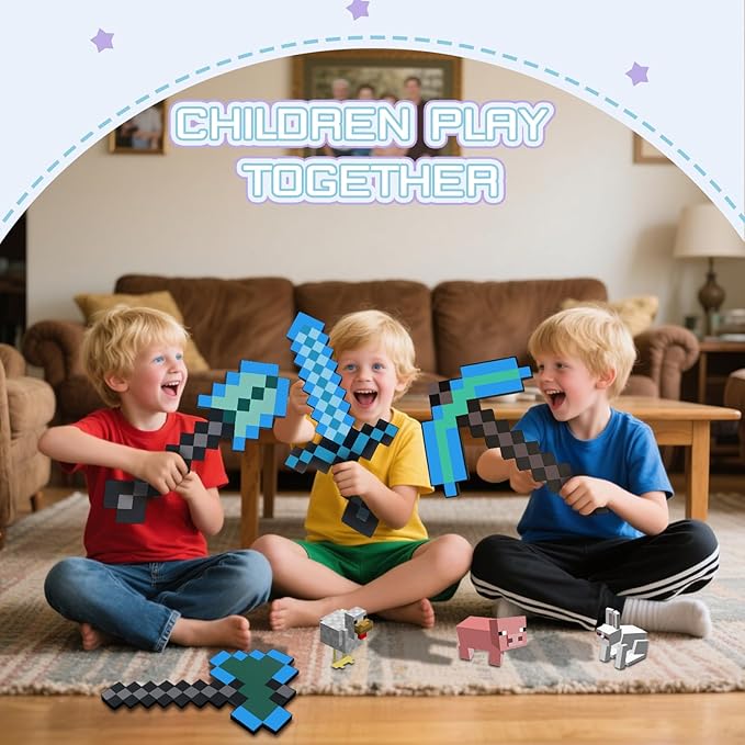 QRT 4 Pack EVA Foam Sword, Axe, Pickaxe and Shovel, Kids Role Play Toys for Halloween, Cosplay Video Game Parties (Blue Four Piece Set)