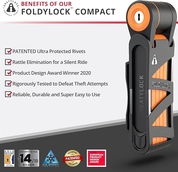 Seatylock FoldyLock Compact Folding Bike Lock - Award Winning Patented Lightweight High Security Bicycle Lock - Heavy Duty Anti Theft Smart Secure Guard with Keys & Case for Bikes or Scooters