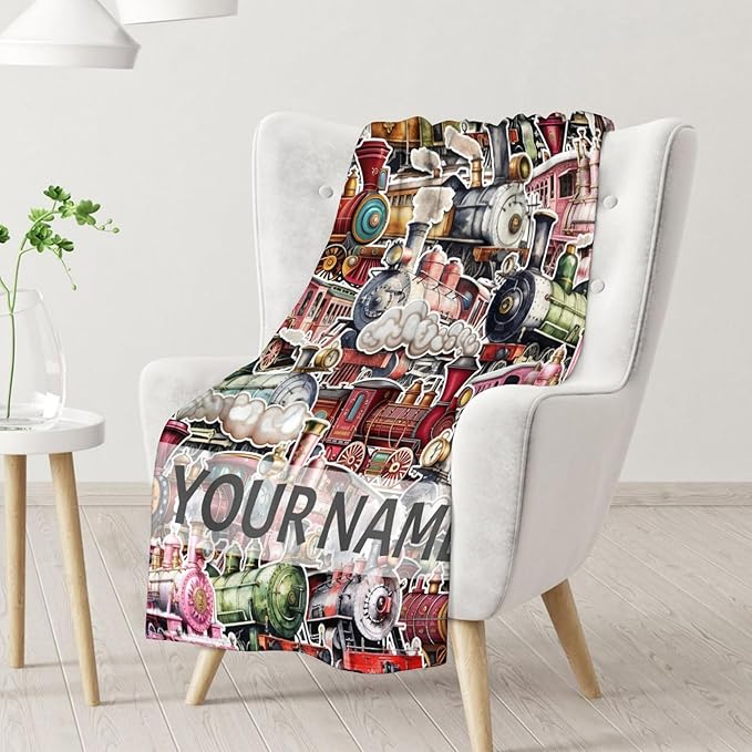 Personalized Train Blanket with Name - Soft, Fuzzy & Warm - 50"x60" Throw Size Blanket for Bed, Couch, Sofa - Red Cute Throw Gifts for Boys