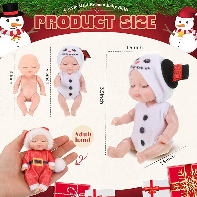 Hanaive 4 Pcs 4 Inch Mini Baby Dolls Lifelike Realistic Baby Dolls Animal Clothes Cute Baby Valentine Tiny Babies Gifts Set for Girls Boys Toddlers Kids 3+ Birthday Baby Shower Favors (Santa Style)