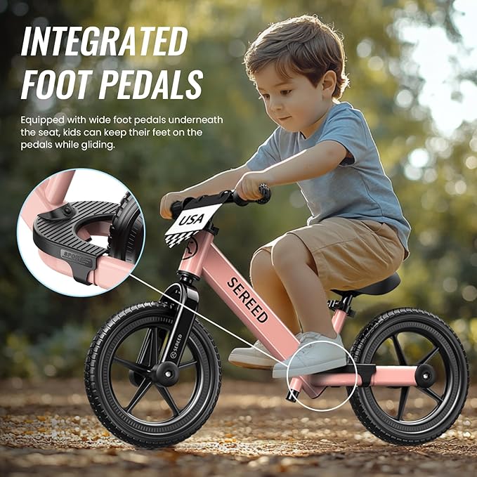 SEREED Toddler Balance Bike 2 Year Old, No Pedal Kids Bicycle Toys for 2-5 Years Old, Tool-Free Adjustment, Customize Plate with Stickers, Gift for 2-3 Boys Girls (Pink)