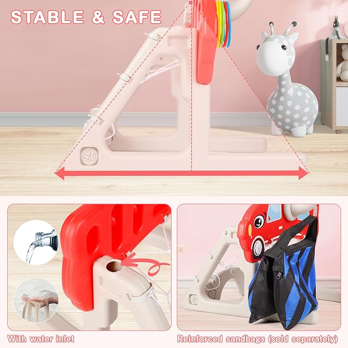 CYFIE Kids Basketball Hoop Toys with Football, Golf, Ring Toss, 4-in-1 Adjustable Height Toddler Activity Center Set for Girls Boys Sports Gifts Indoor Outdoor (Red)