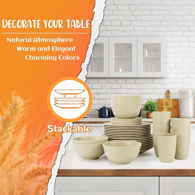 Dinnerware Sets 40 PCS Wheat Straw Plates and Bowls Sets With Cups Service for 8 Microwave Safe Dishes for Kitchen Lightweight Dish Set for RV Outdoor Activities Travel - Beige Colors