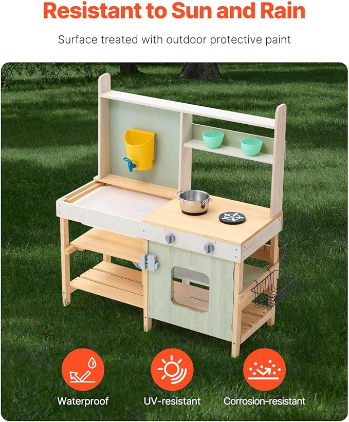 VEVOR Mud Kitchen for Kids, Wooden Toy Play Kitchen Set, Outdoor Toddler Grocery Store Playset, Pretend Play Kitchen with Stoves, Tank, Faucet, Storage Bag, Metal Baskets, and Cookware Pots