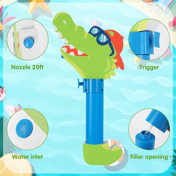 Water Gun for Kids Pool Toys Summer Outdoor Fun, 16oz Auto-Refill Crocodile Water Blaster, Floatable Swim & Squirt Gun with 20ft Range–Ages 5+