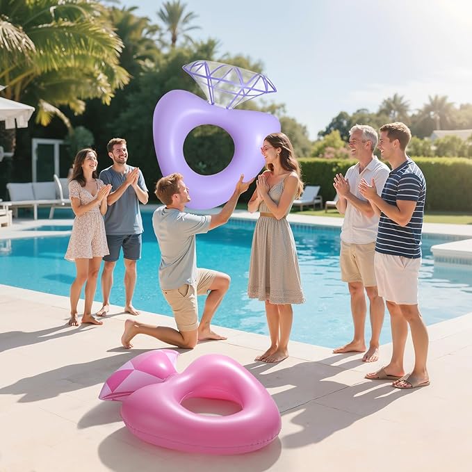 HeySplash Pool Floats, Inflatable Diamond Ring Pool Float, Large Engagement Ring Floatie for Bachelorette Party, Heart Shaped Swim Tube River Lake Beach Bride Wedding Decor Fun Toy Raft Adults, Purple