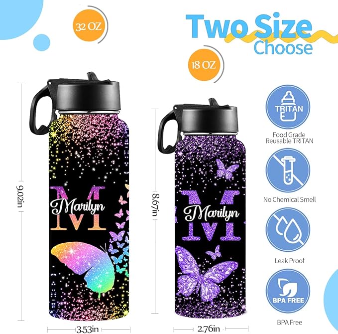 Personalized Butterfly Water Bottles for Girls with Straw Lid Custom Sports Water Bottle for School Customized Name Stainless Steel Double Wall Insulated Cup Birthday Gifts for Kids Style11