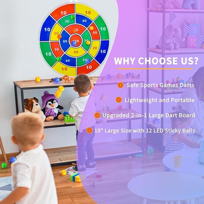 2 in 1 29" Large LED Dart Board for Kids 8-12 Games with LED Sticky Balls, Indoor & Outdoor Games for Kids 8-12, Board Games for Kids