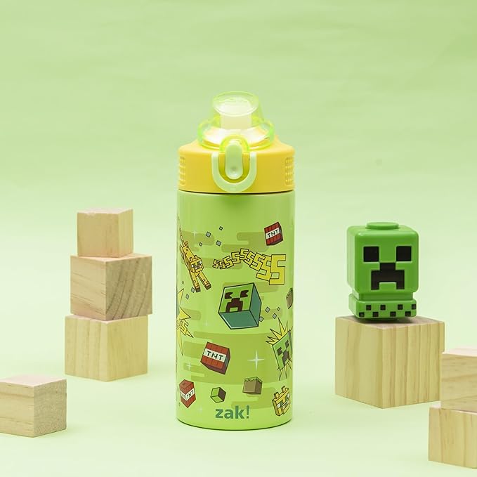 Zak Designs Minecraft Sage Kids Water Bottle For School or Travel, 14oz Stainless Steel Water Bottle With Straw, Handle, and Leak-Proof, Pop-Up Spout Cover (Creeper)