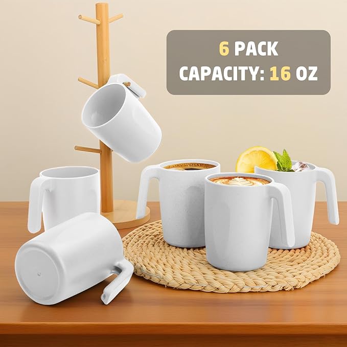 Wheat Straw Cups 16 OZ, Unbreakable Coffee Mugs Set of 6, Alternatives to Plastic Drinking Cups Reusable, Dishwasher Safe Tea Cups for Kitchen, Camping, Farmhouse - White