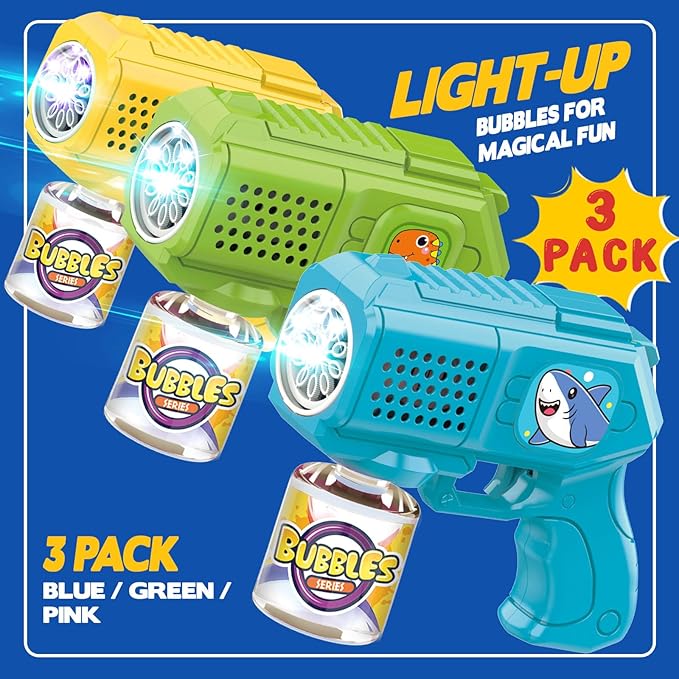 Bubble Guns with Bubble Solution- 3 Pack, Bubbles Gun, Blaster, Blower, Maker, Machine for Boys Girls, Birthday Gifts for Ages 3 4 5 6 7 8 Year Old Kid, Outdoor Toys for Toddlers, Party, Wedding
