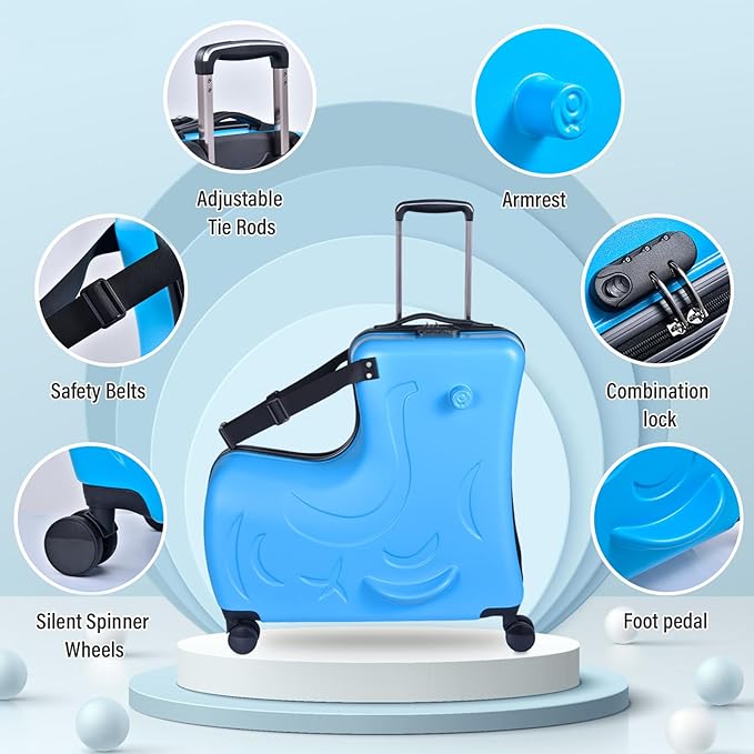 20 Inch Ride On Kids Suitcase with Wheels, Ride On Luggage with Pedal, Hardshell Kids Suitcase Adjustable Safe Harness, ABS+PC, Up To 100 Lbs, Blue