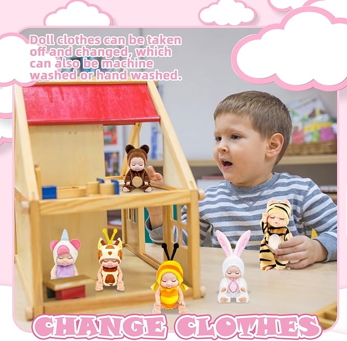 Haawooky 6 Pcs 4 Inch Mini Baby Dolls,Cute Small Baby Doll Toys with 8 Pcs Animal Clothes,Lifelike Realistic Reborn Tiny Baby Dolls for Kids Baby Shower Easter Basket Birthday Gifts