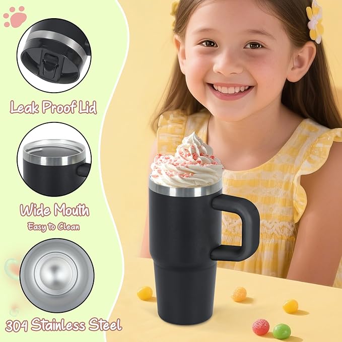 Cosictic 14 Oz Flip Straw Tumbler with Handle for Kids, Stainless Steel Double Wall Insulated Cup for Children with Flip Top Lid, 14 Oz Leak-proof Cups for Kids,Black