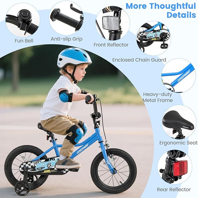 COSTWAY 12/14/16/18 Inch Kids Bike, Boys & Girls Training Bike w/Removable Training Wheels, Pneumatic Tires, Adjustable Handlebar & Seat, Dual Brake System, Children Toddler Bicycle for 3-8 Years Old