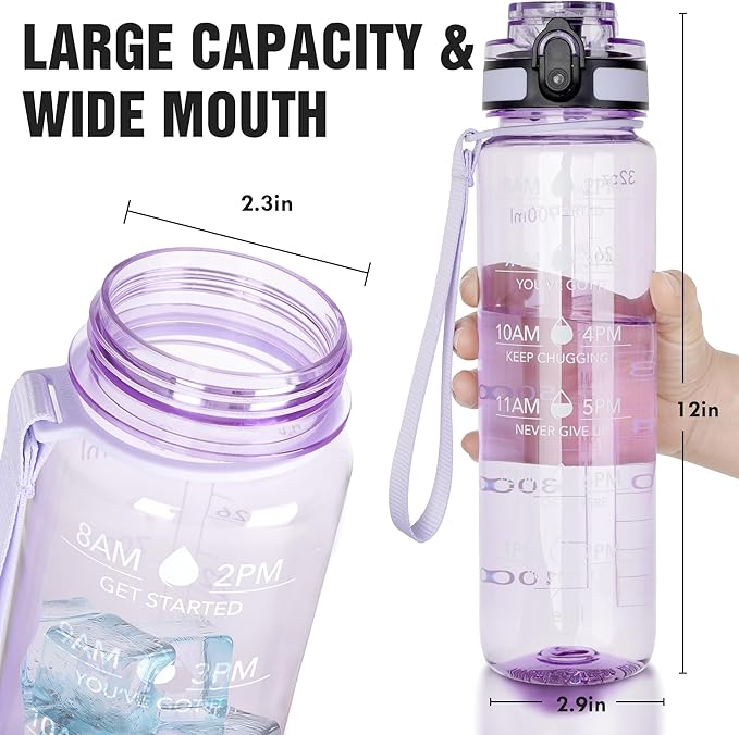 OLDLEY Water Bottle, 32oz Motivational Sports Water Bottle with Time Marker - Times to Drink - Tritan, BPA Free, Wide Mouth Leakproof,Amethyst (1 Bottle)
