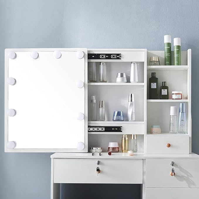 Makeup Vanity Set Dressing Table with Sliding Lighted Mirror and Lockable Drawers, Girls Vanity Set with Cushioned Stool and Hidden Shelves for Bedroom, Bedside. White
