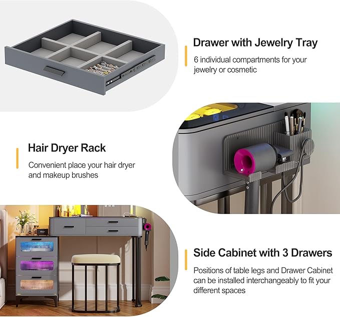HNEBC Vanitys with HD Glass Display Table, Makeup Desk with Lighted Mirror and Charging Station, Dressing Table with RGB Lights,Jewelry Organizer,Cabinet,6Drawers,Chair for Women/Girls (Grey)