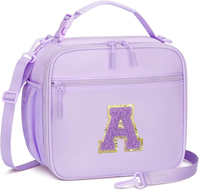 Kids Initial Lunch Bag, Reusable Insulated Lunch Box for Girls Toddlers, Back to School Gift, Leak-proof Cooler Bag for School Daycare Travel Picnic, Purple-A